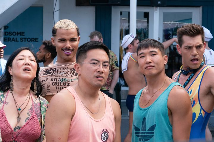 Erin, Keegan, Howie, Noah, and Luke stand together in Fire Island.