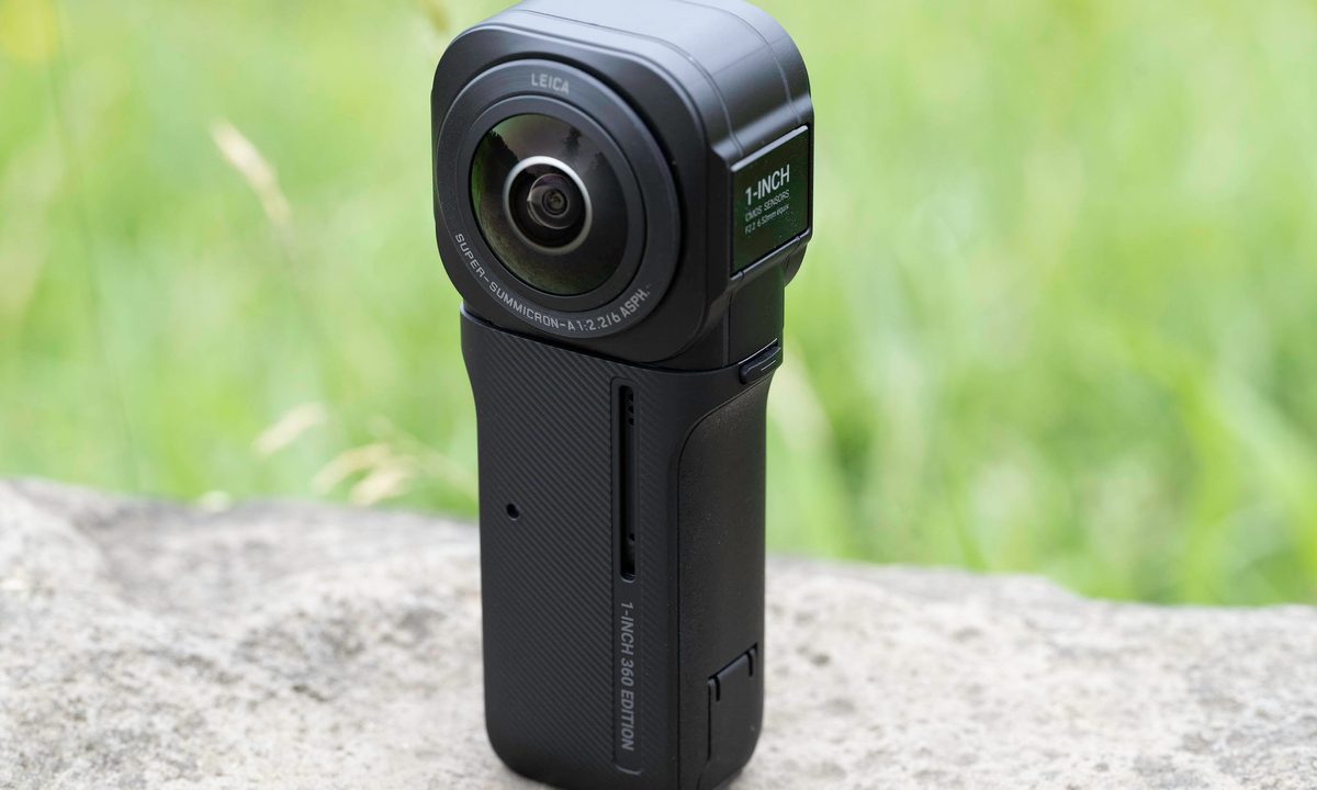 The Insta360 One RS 1-inch 360 Edition on a rock.