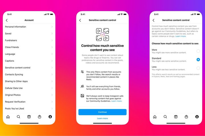 Three mobile screenshots showing Instagram's newly expanded sensitive content control feature.