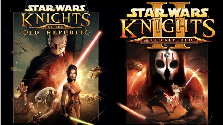 Split image of KotOR and KotOR II cover art.