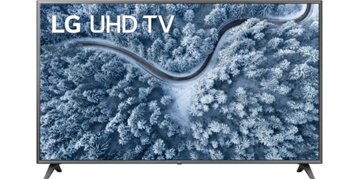 LG 75-inch 4K TV on a white background while displaying a blue gray image.