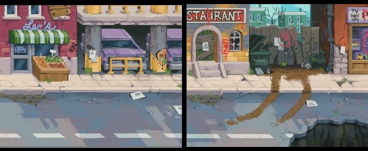 A color study of a street in Teenage Mutant Ninja Turtles: Shredder's Revenge.