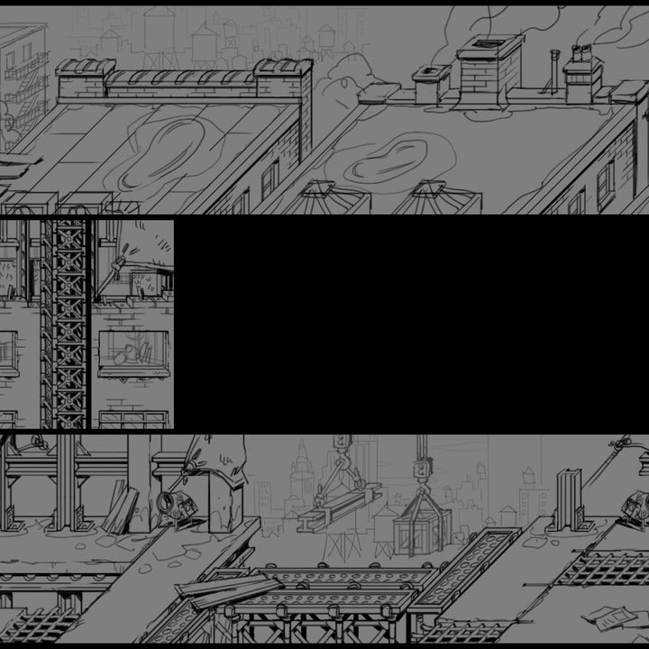 Sketches of a rooftop level in Teenage Mutant Ninja Turtles: Shredder's Revenge.
