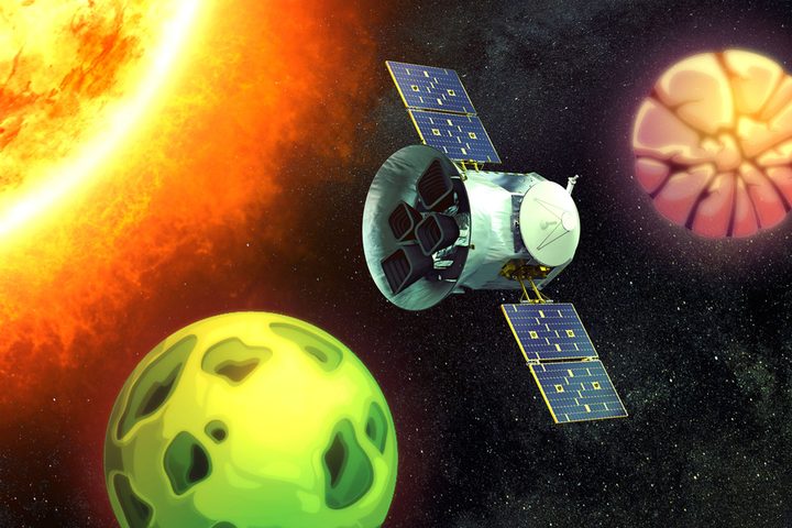 Artist's drawing of a satellite exploring two super-Earths.