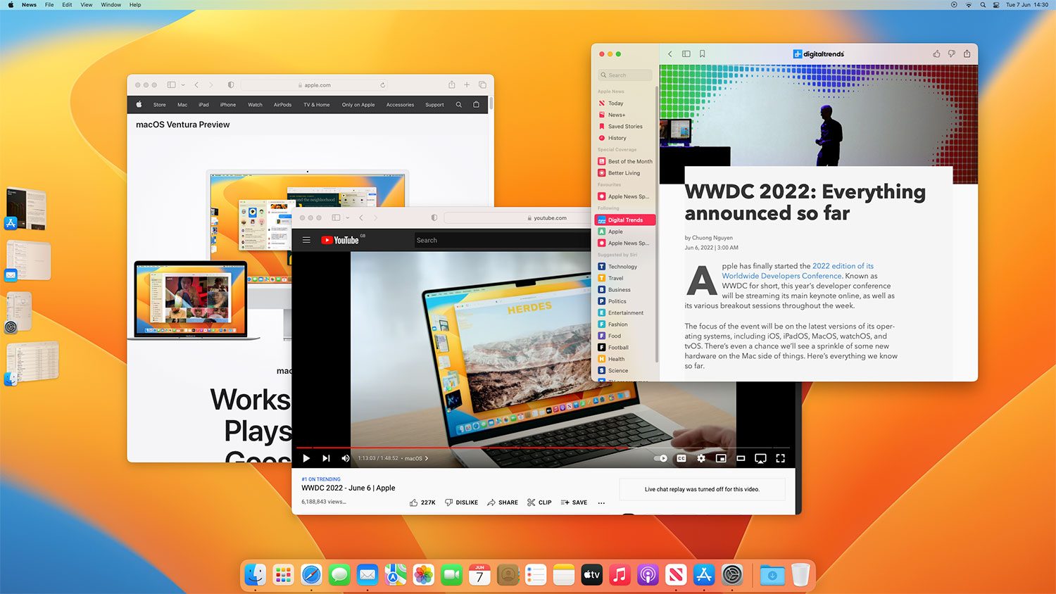 Stage Manager running three apps in a group in MacOS Ventura.