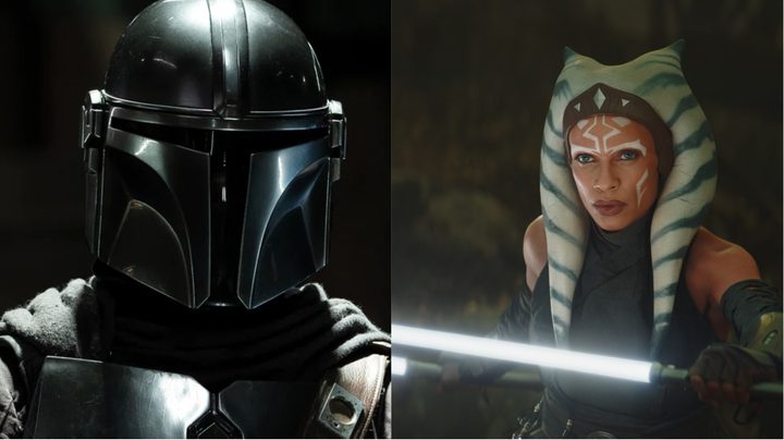 Split image of Din Djarin in his Mandalorian armor and Ahsoka wielding her lightsabers.