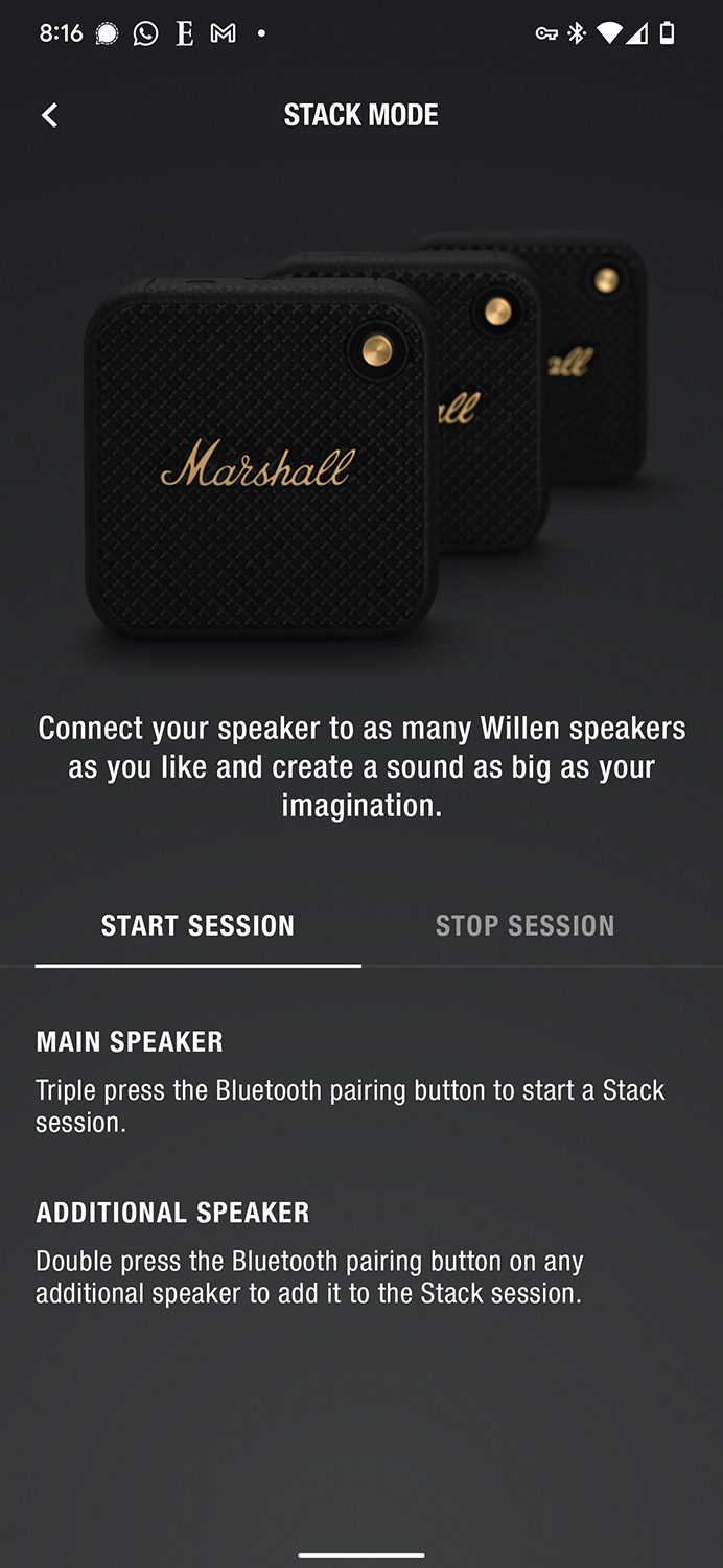 Marshall app screenshots for Emberton II and Willen speakers.
