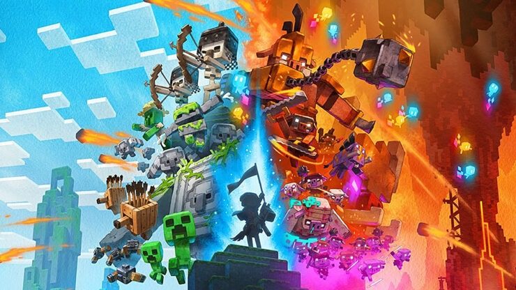 Minecraft Legends artwork featuring dozens of characters on a blue and red background.