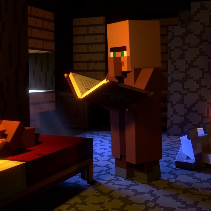 A villager reads their child a book in the trailer for Minecraft Legends.