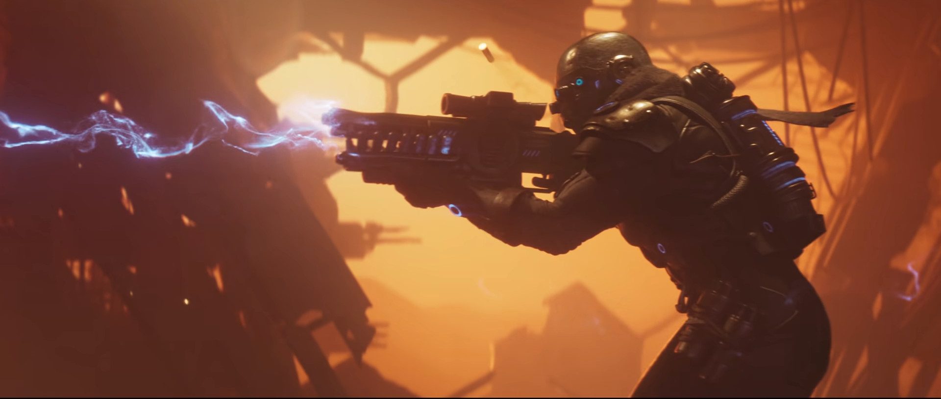 A soldier shooting a laser gun.
