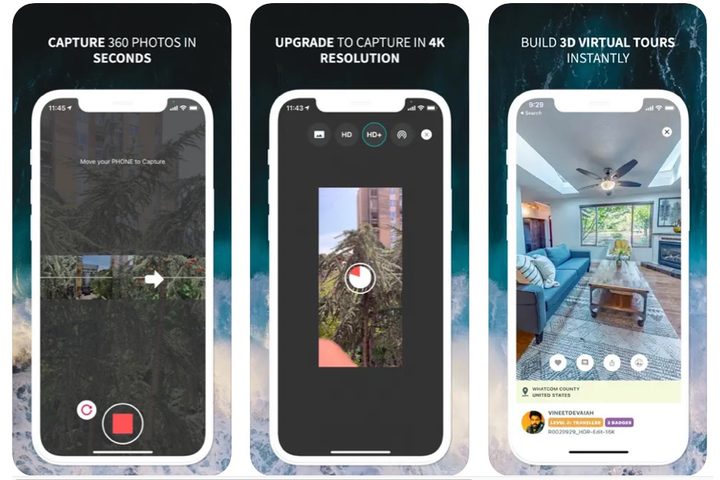 Panorama 360 VR app screens.