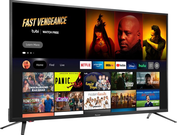 A Pioneer 50-inch TV displays streaming apps.
