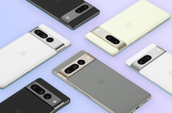 A variety of Google Pixel 7 and Pixel 7 Pros sit on a purple background.