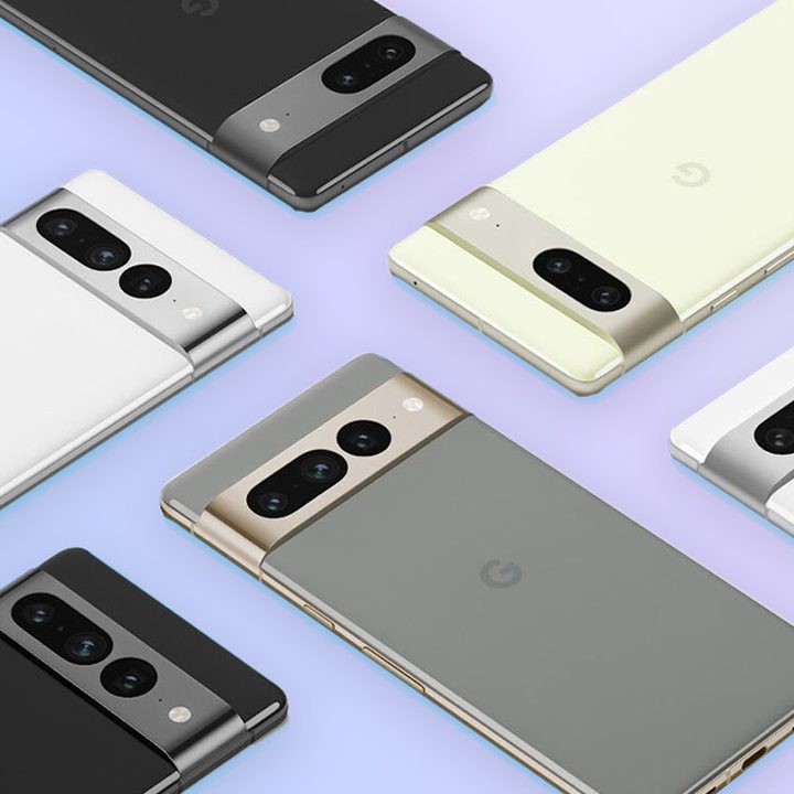 A variety of Google Pixel 7 and Pixel 7 Pros sit on a purple background.