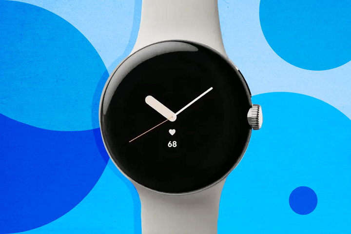 Google Pixel Watch product image on a blue stylized background.