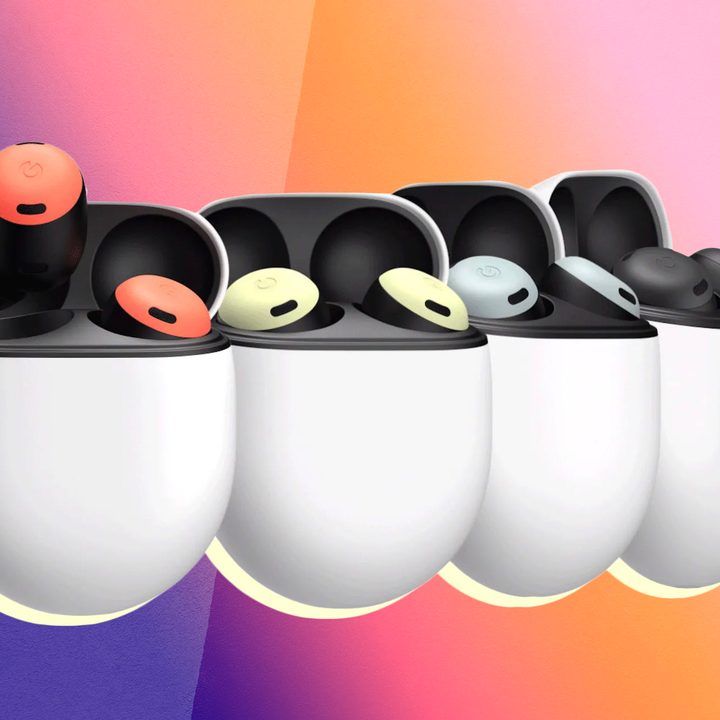 The Pixel Buds Pro earbuds in their cases on a stylized gradient background.