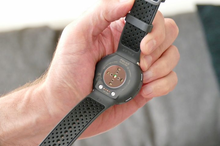 The heart rate sensor on the Polar Pacer Pro.