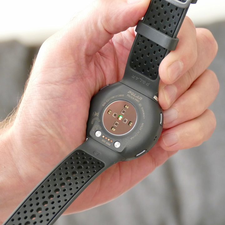 The heart rate sensor on the Polar Pacer Pro.