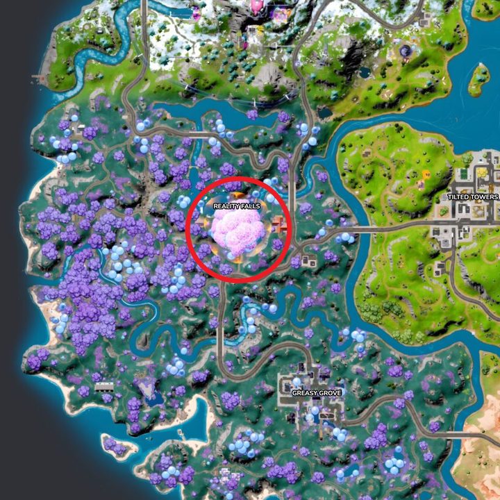 Map showing the location of Reality Falls in Fortnite.