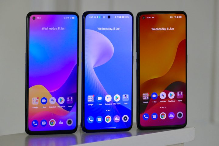 The Realme GT Neo 2, GT Neo 3, and GT Neo 3T seen from the front.