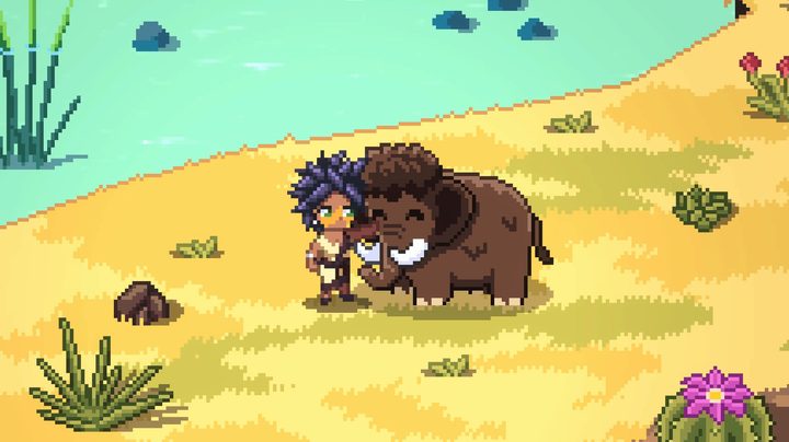 A Roots of Pacha character pets a mammoth.