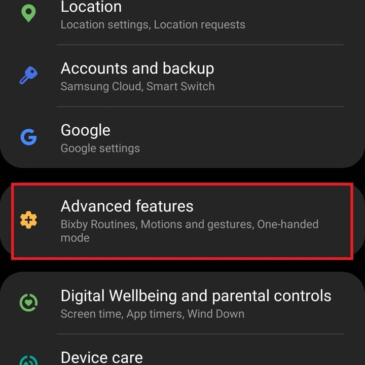 Screenshot Samsung settings