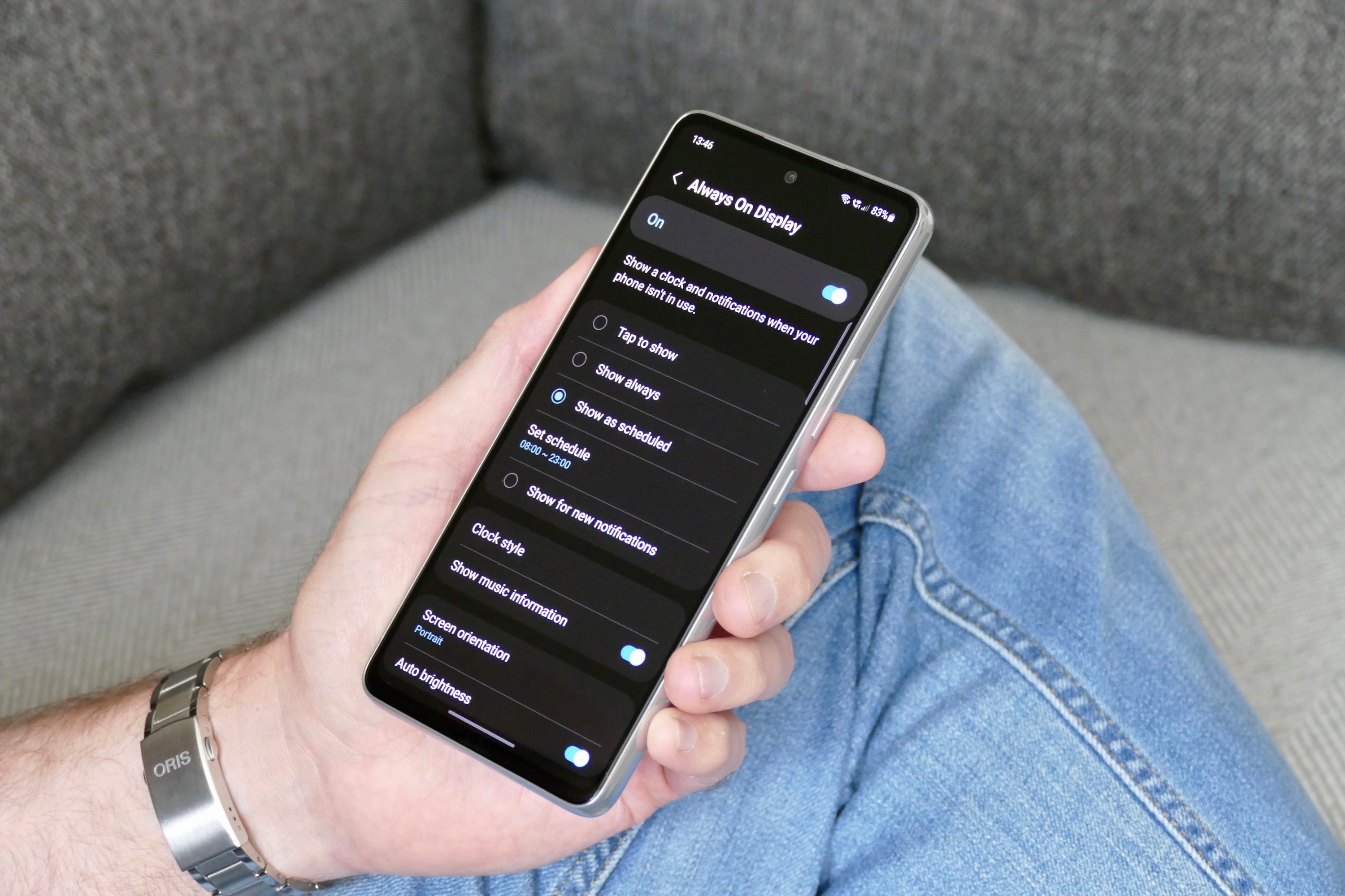 Always-on display settings on the Samsung Galaxy A53 5G.