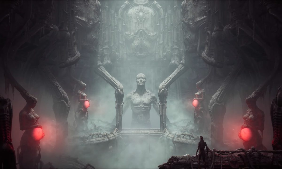 A single skeletal statue surrounded by female statues with glowing red stomachs in a creepy temple.