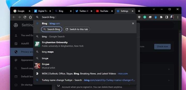 Searching Bing on Google Chrome.