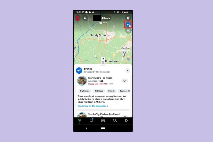 Snapchat's Snap Map restaurant recommendation feature on mobile app.