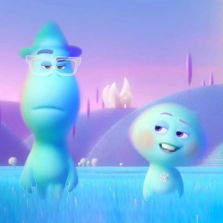 Joe and 22 walk and talk in a scene from the Pixar movie Soul