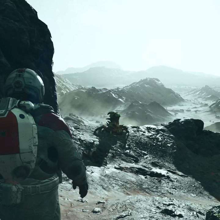 Third-person shot of character on planet in Starfield.