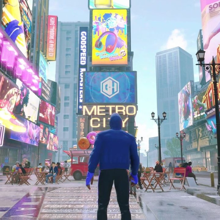 A player stands in Metro City's Times Square equivalent in Street Fighter 6 World Tour.