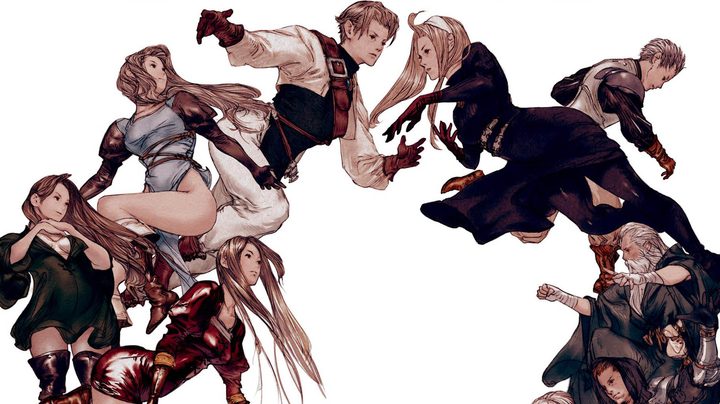 Tactics Ogre: Let Us Cling Together characters grab each other in a half-circle in key art.