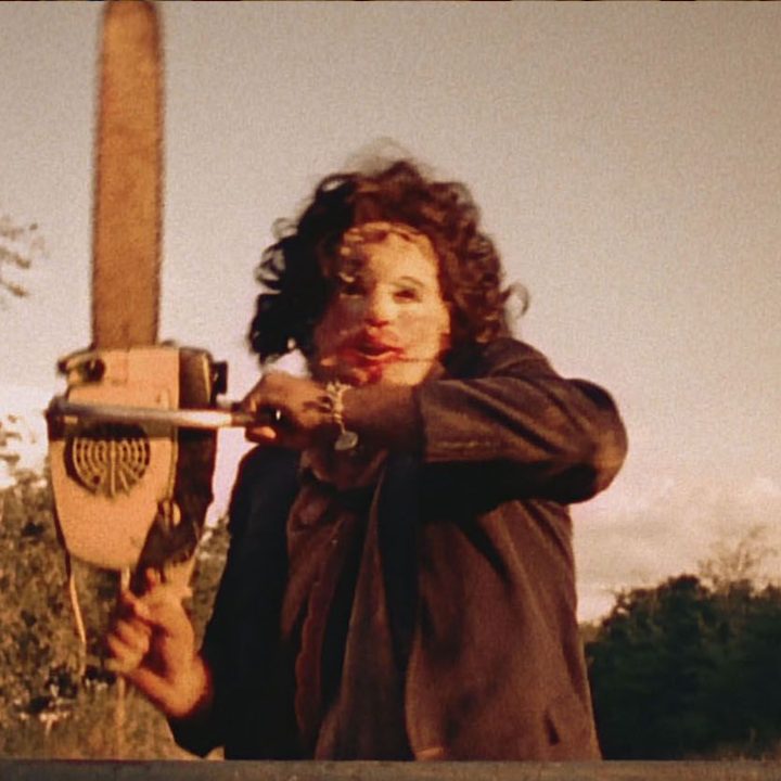 The villain of Texas Chainsaw Massacre is wielding a chainsaw.