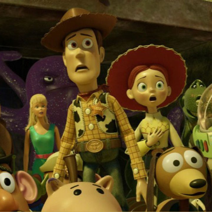 Several toys stare in horror in a scene from the Pixar film Toy Story 3