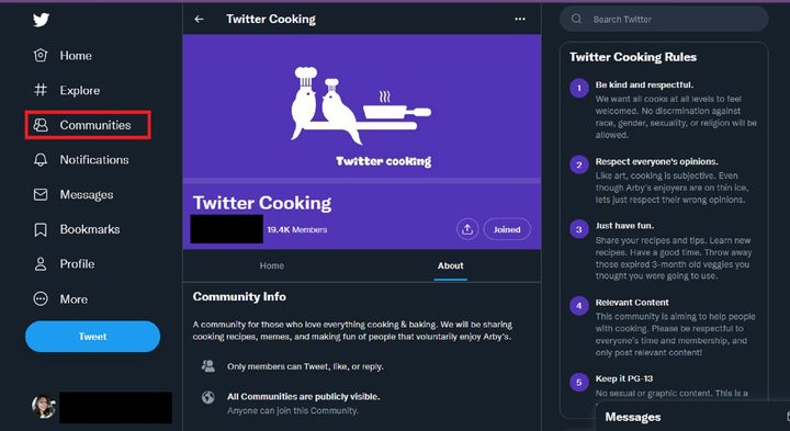 Main screen of Twitter Cooking's Community page.