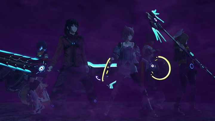 Four heroes standing in a purple mist.