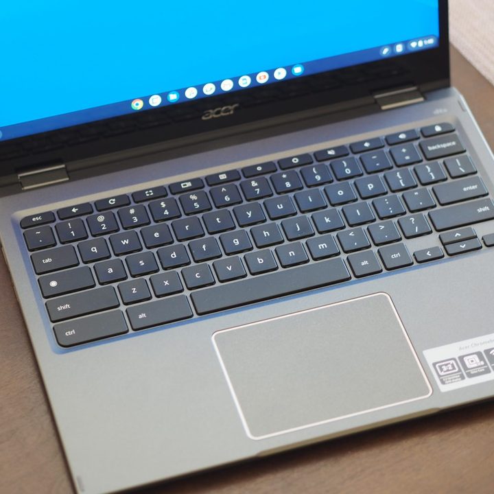 Acer Chromebook Spin 513 top down view showing keyboard and touchpad.