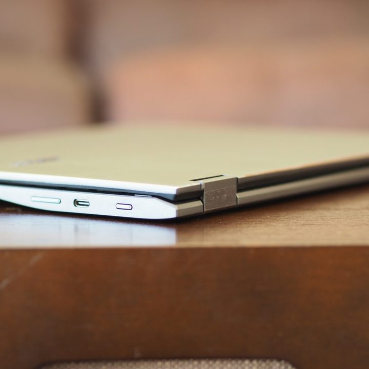 Acer Chromebook Spin 513 rear corner view showing ports and hinge.