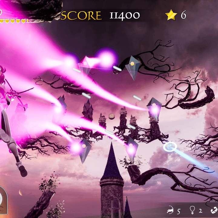 A flying character shoots geometric enemies in Air Twister.