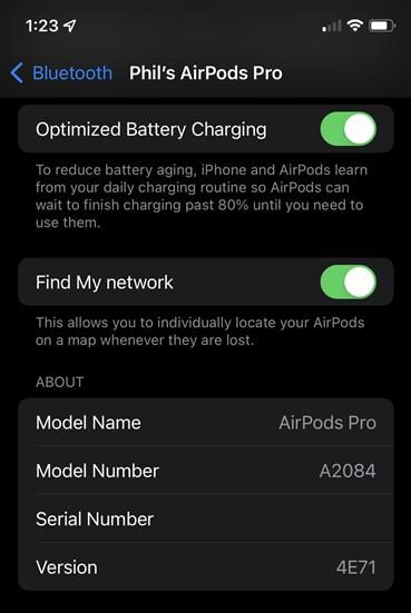 Screen shot of AirPod's firmware version screen.