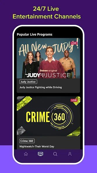 Amazon Freevee app showing live entertainment channels.