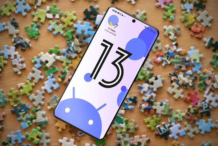 The Android 13 logo on a Galaxy S21.