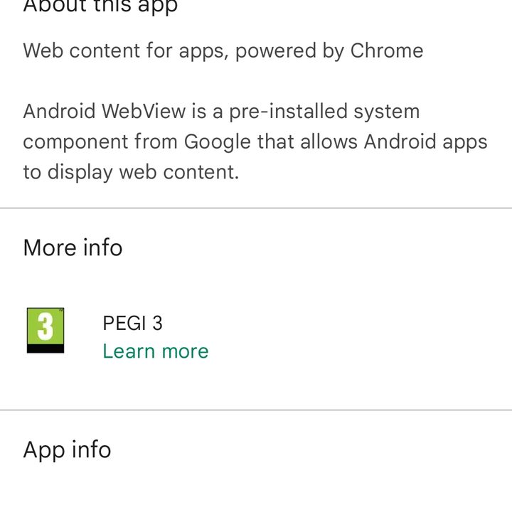 Android System WebView About page in Google Play Store.