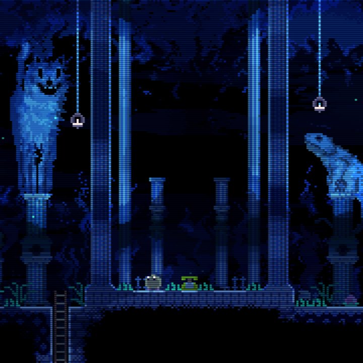 A creature sits in a blue room in Animal Well.