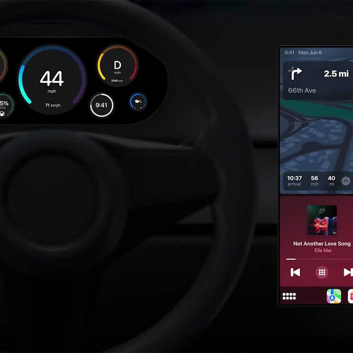 Next generation Apple CarPlay interface showing integrated dashboard and entertainment options.