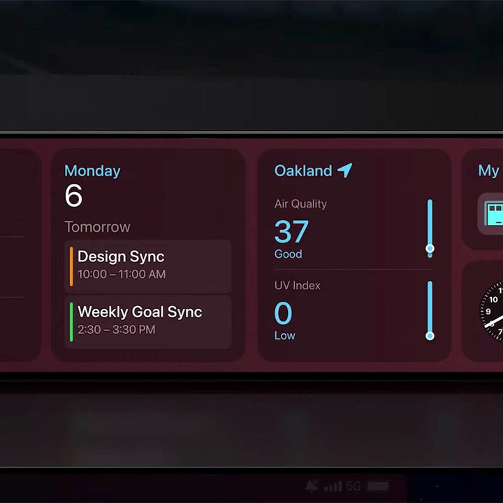 Next generation Apple CarPlay interface with integrated trip info, calendar, weather, and smart home information.