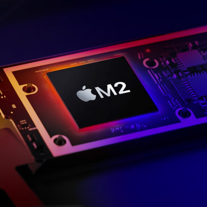 An Apple M2 chip on a stylized gradient background.