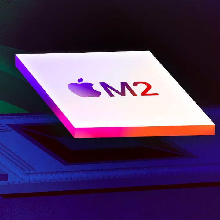 A digital illustration of the Apple M2 chip with a blue and purple color scheme.